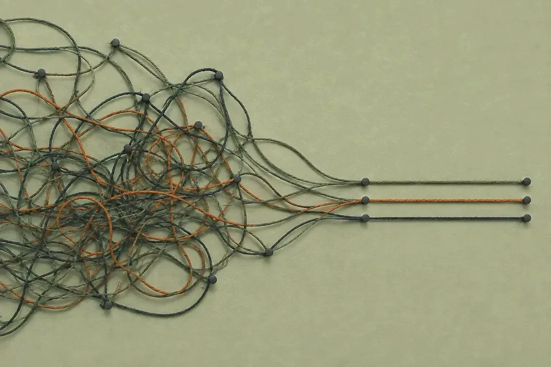 Tangled cords on the left, three straight parallel lines on the right: an ambiguous problem sorted into decisions taken one at a time.