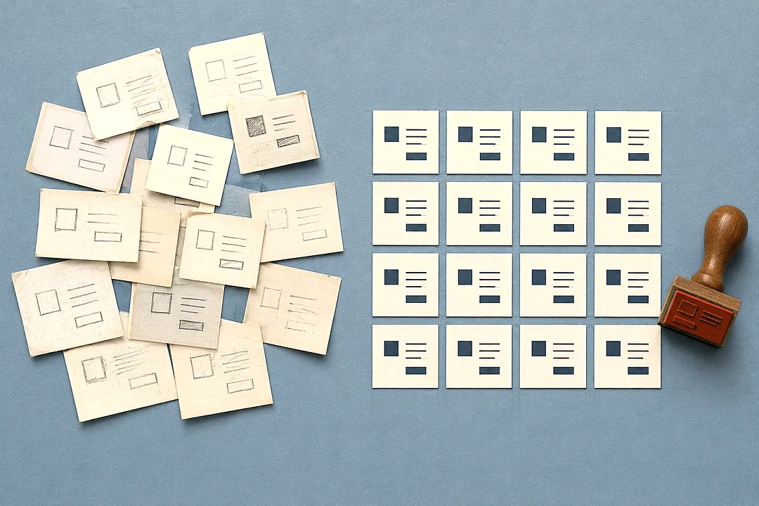 A loose pile of hand-sketched index cards beside a tidy grid of identical stamped ones: one design system every team builds from.
