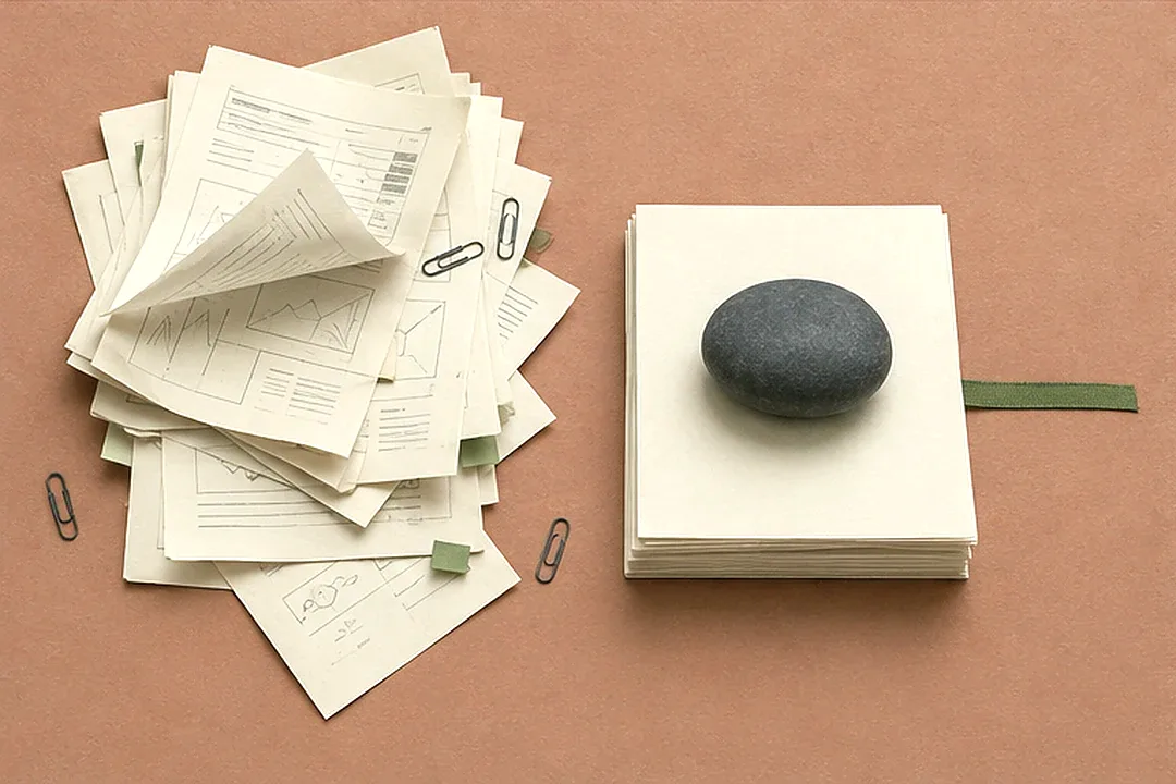 Loose, unclaimed pages beside the same pages squared into one stack under a paperweight: the design owned by one person inside the team.