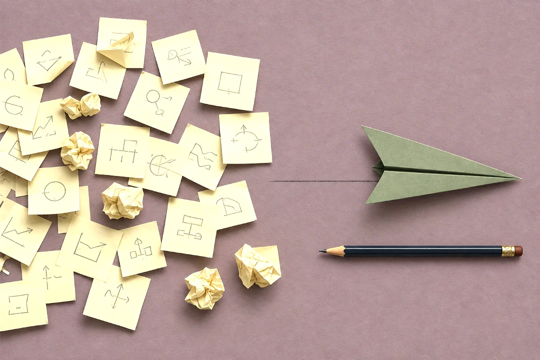 Dozens of sketched sticky notes thinning out toward one paper airplane on a drawn runway: many ideas narrowed to one working prototype.
