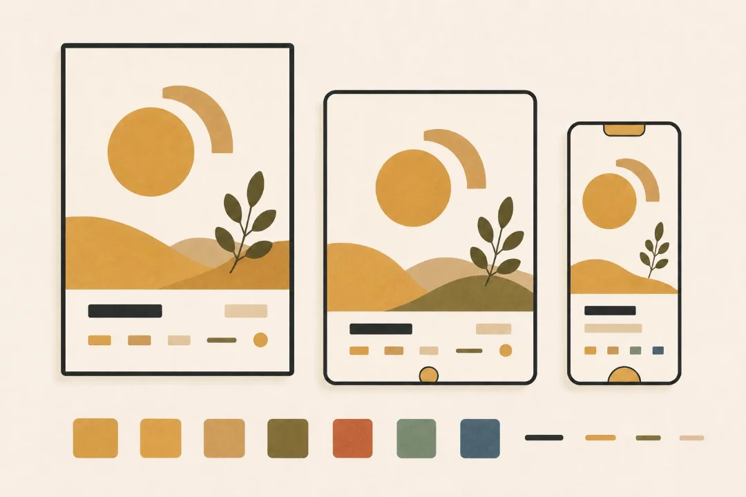 One warm caramel identity, a sun mark over rolling hills with a leaf sprig, applied across a poster, a tablet and a phone, with its palette swatches below